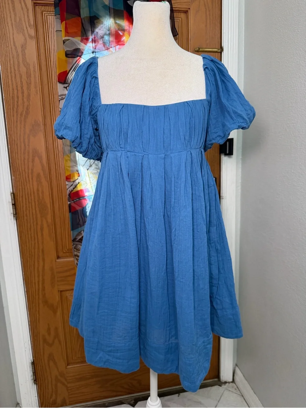 Free People Marina Mini Dress Blue Bell Puff Sleeve Open Back Tie Size M